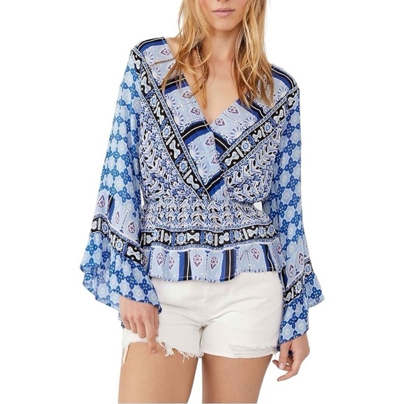 Free People Tops - NEW Free People Rosalie Wrap Top Indigo Combo Size Small MSRP $78